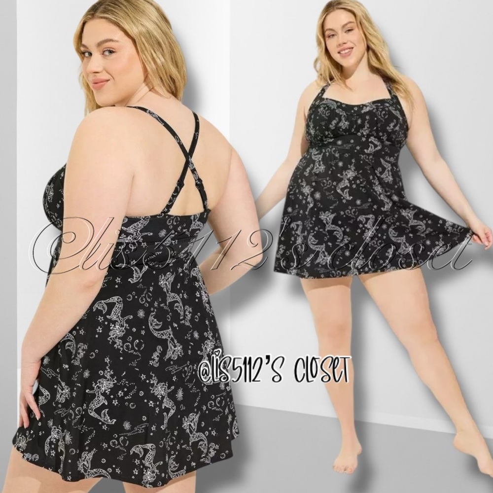 Torrid Black Mermaid Print Retro Wireless Long Swim Dress Swimsuit 2X 18 20 - Picture 2 of 14